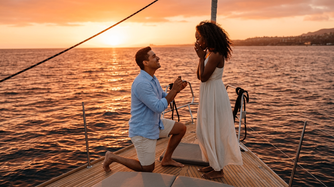 Marriage proposal at sunset aboard Nunya with San Diego skyline and fairy lights on deck